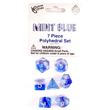 KOP19415 Mint Blue Layered Dice Silver Colored Numbers 16mm Set of 7 (ONLINE ORDER ONLY)