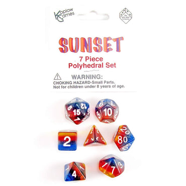 KOP19416 Sunset Layered Dice White Colored Numbers 16mm Set of 7 (ONLINE ORDER ONLY)