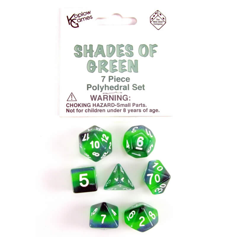 KOP19421 Shades of Green Layered Dice Gold Colored Numbers 16mm Set of 7 (ONLINE ORDER ONLY)
