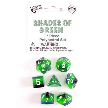 KOP19421 Shades of Green Layered Dice Gold Colored Numbers 16mm Set of 7 (ONLINE ORDER ONLY)