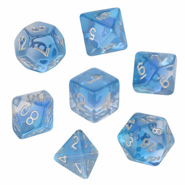 KOP19528 Mint Blue Layered Dice with Silver Colored Numbers 16mm (5/8in) Set of 7 (ONLINE ORDER ONLY)