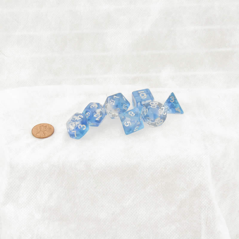 KOP19528 Mint Blue Layered Dice with Silver Colored Numbers 16mm (5/8in) Set of 7 (ONLINE ORDER ONLY)