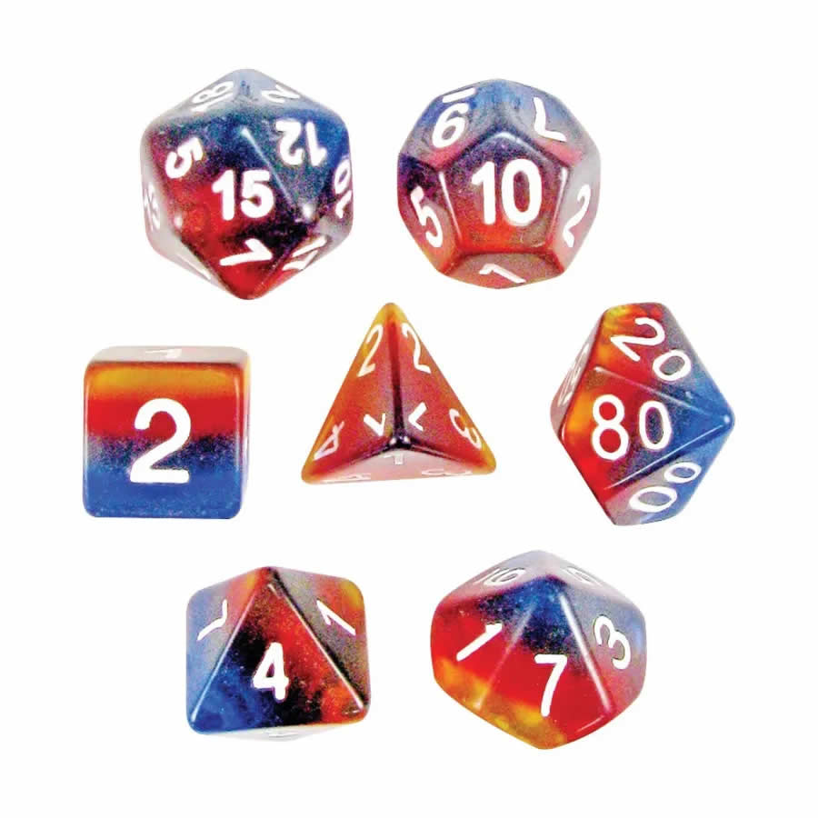 KOP19536 Sunset Layered Dice with White Colored Numbers 16mm (5/8in) Set of 7 (ONLINE ORDER ONLY)