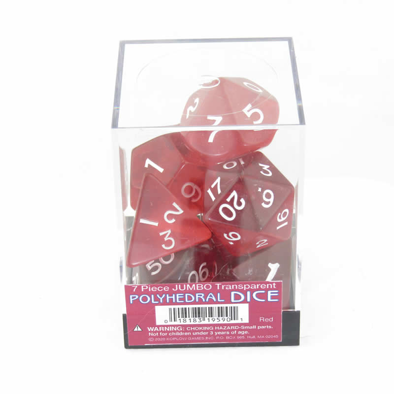 KOP19590 Red Jumbo Transparent Dice with White Numbers 24mm (15/16in) Set of 7 (ONLINE ORDER ONLY)