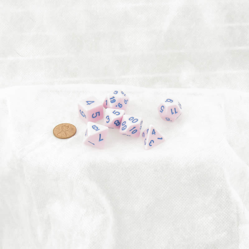 KOP19720 Pink Opaque Dice with Blue Colored Numbers 16mm (5/8in) Set of 7 (ONLINE ORDER ONLY)