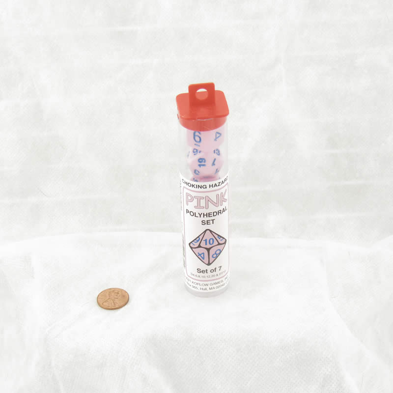 KOP19720 Pink Opaque Dice with Blue Colored Numbers 16mm (5/8in) Set of 7 (ONLINE ORDER ONLY)