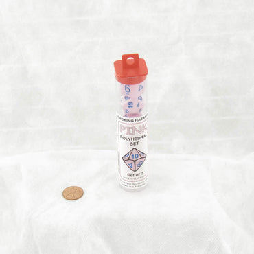 KOP19720 Pink Opaque Dice with Blue Colored Numbers 16mm (5/8in) Set of 7 (ONLINE ORDER ONLY)