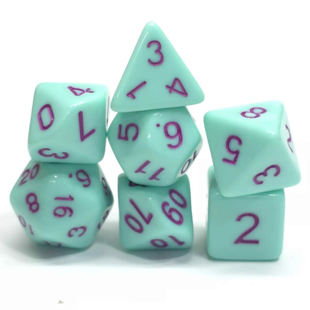 KOP19724 Mint Opaque Dice with Pink Colored Numbers 16mm (5/8in) Set of 7 (ONLINE ORDER ONLY)
