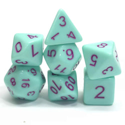 KOP19724 Mint Opaque Dice with Pink Colored Numbers 16mm (5/8in) Set of 7 (ONLINE ORDER ONLY)
