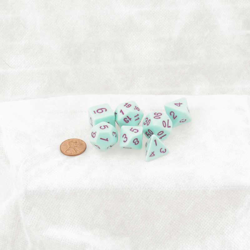 KOP19724 Mint Opaque Dice with Pink Colored Numbers 16mm (5/8in) Set of 7 (ONLINE ORDER ONLY)