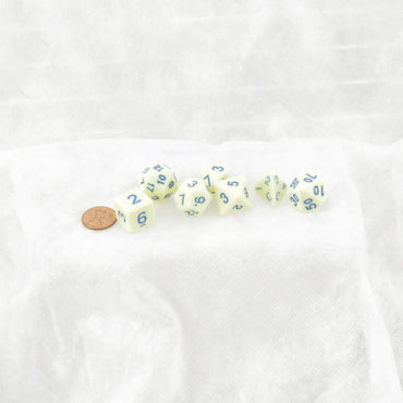 KOP19728 Lemon Opaque Dice with Blue Colored Numbers 16mm (5/8in) Set of 7 (ONLINE ORDER ONLY)