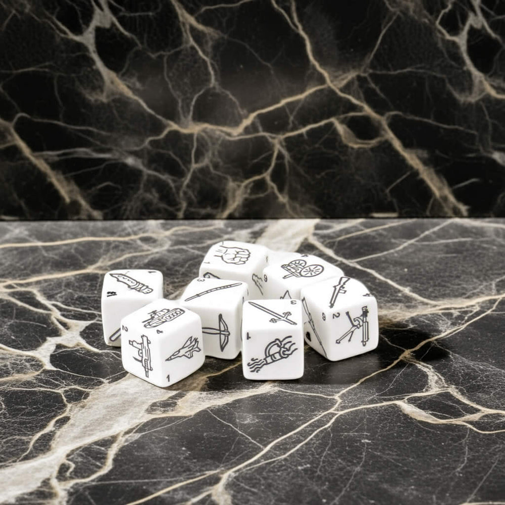 KOP20091 Weapons Dice White with Black Weapons Symbols D6 19mm (3/4in) Set of 7 Dice (ONLINE ORDER ONLY)