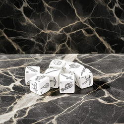KOP20091 Weapons Dice White with Black Weapons Symbols D6 19mm (3/4in) Set of 7 Dice (ONLINE ORDER ONLY)