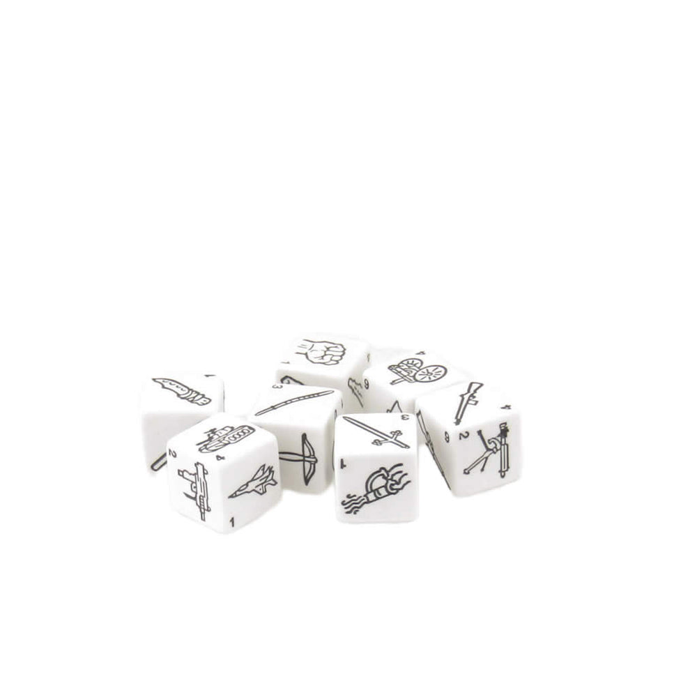 KOP20091 Weapons Dice White with Black Weapons Symbols D6 19mm (3/4in) Set of 7 Dice (ONLINE ORDER ONLY)