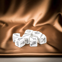 KOP20091 Weapons Dice White with Black Weapons Symbols D6 19mm (3/4in) Set of 7 Dice (ONLINE ORDER ONLY)