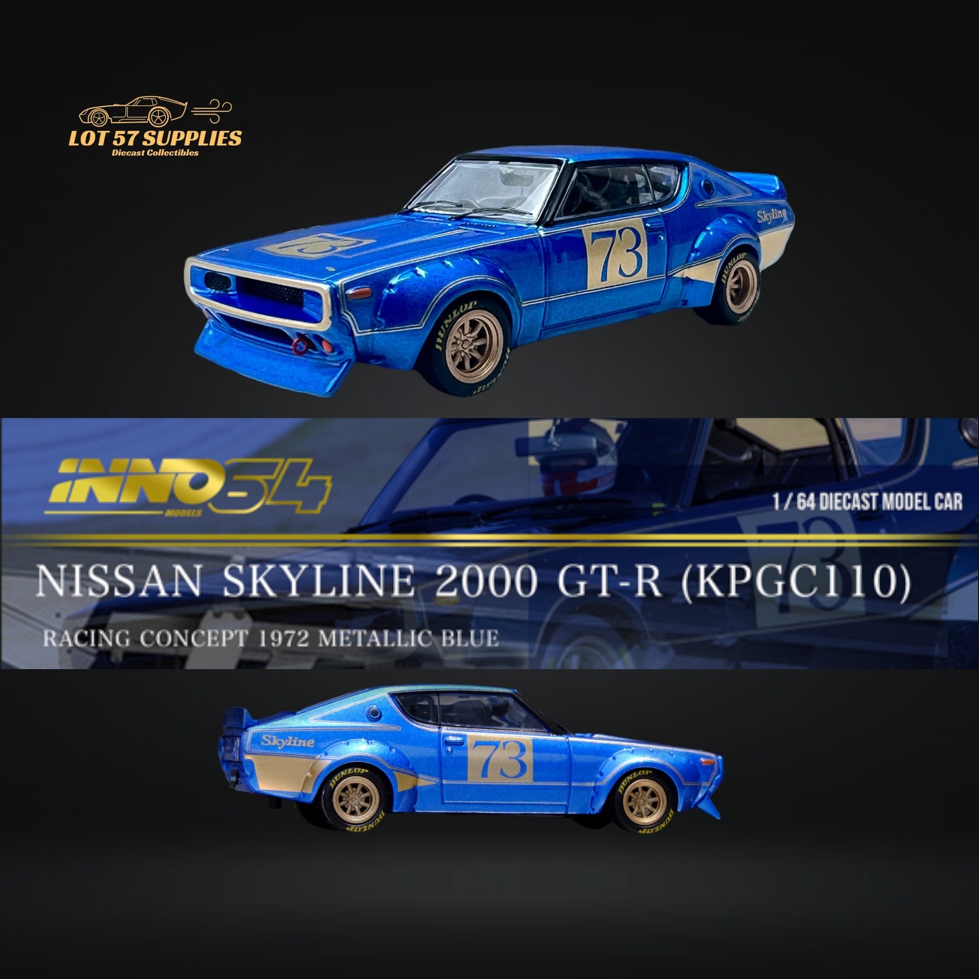 Inno64 Nissan Skyline 2000 GT-R (KPGC10) in Racing Concept Blue 1:64 IN64-KPGC110RC-BLU (ONLINE ORDER ONLY)
