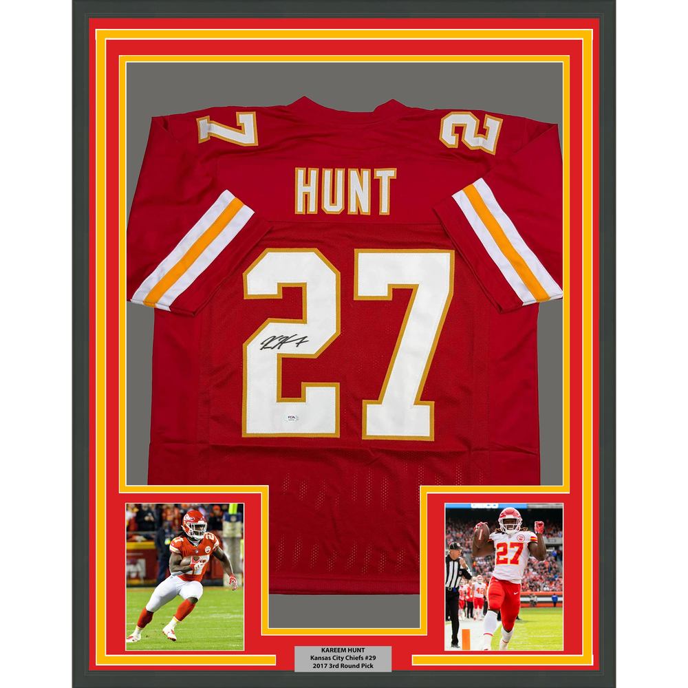 Framed Autographed/Signed Kareem Hunt #27 35x39 Kansas City Red Football Jersey PSA/DNA COA