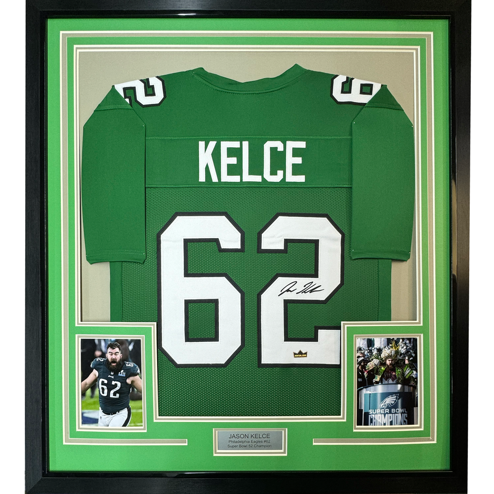Framed Facsimile Autographed Jason Kelce 35x39 Philadelphia Kelly Green Reprint Laser Auto Football Jersey (ONLINE ORDER ONLY)