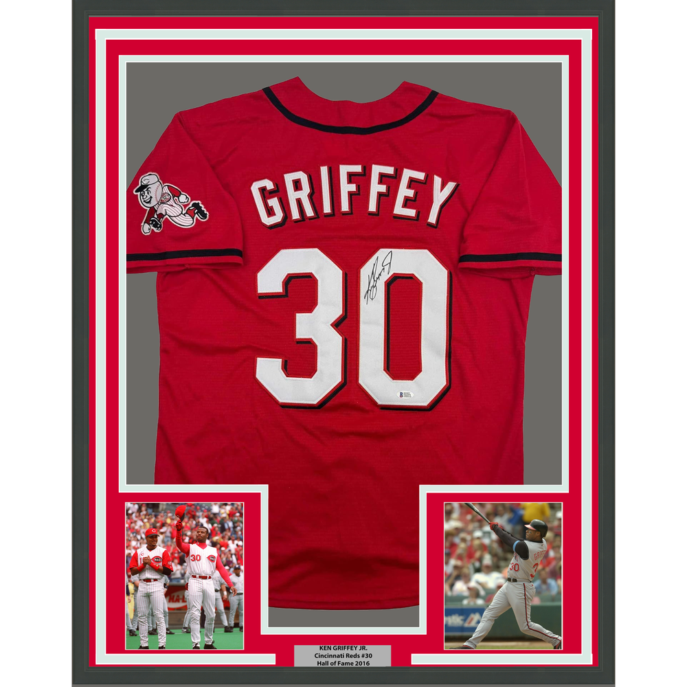 Framed Autographed/Signed Ken Griffey Jr. 35x39 Cincinnati Red Baseball Jersey Beckett BAS COA