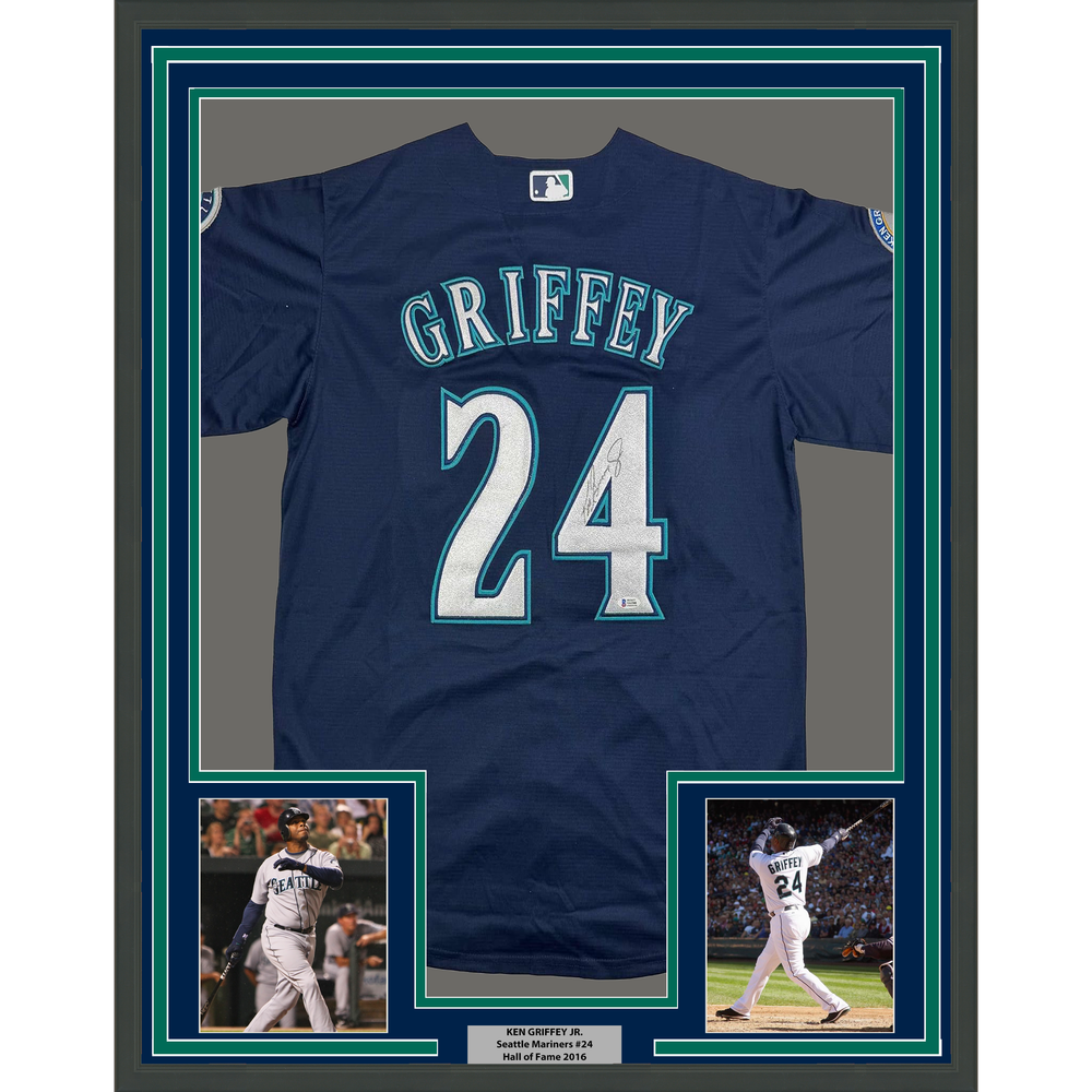 Framed Autographed/Signed Ken Griffey Jr. 35x39 Seattle Blue Baseball Jersey Beckett BAS COA