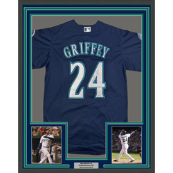 Framed Autographed/Signed Ken Griffey Jr. 35x39 Seattle Blue Baseball Jersey Beckett BAS COA