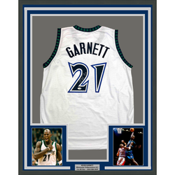 Framed Autographed/Signed Kevin Garnett 35x39 Minnesota White Basketball Jersey JSA COA