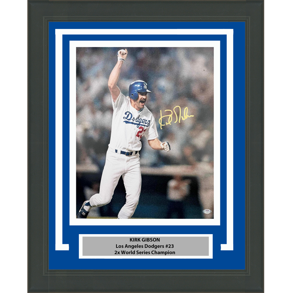 Framed Autographed/Signed Kirk Gibson Los Angeles Dodgers 1988 World Series Walk Off Home Run 16x20 Baseball Photo PSA COA (ONLINE ORDER ONLY)