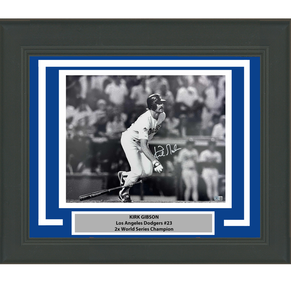 Framed Autographed/Signed Kirk Gibson Los Angeles Dodgers 1988 World Series Walk Off Home Run 16x20 Baseball Black & White Photo Beckett BAS COA (ONLINE ORDER ONLY)