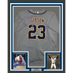 Framed Autographed/Signed Kirk Gibson 35x39 Detroit Tigers Grey Baseball Jersey Beckett BAS COA