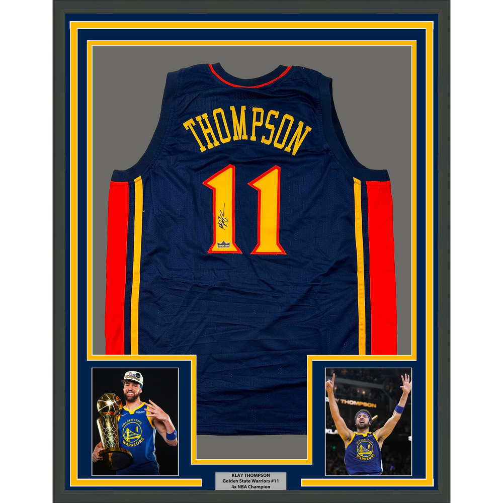 Framed Facsimile Autographed Klay Thompson 35x39 Golden State Navy Blue Retro Reprint Laser Auto Basketball Jersey (ONLINE ORDER ONLY)