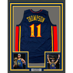 Framed Facsimile Autographed Klay Thompson 35x39 Golden State Navy Blue Retro Reprint Laser Auto Basketball Jersey (ONLINE ORDER ONLY)