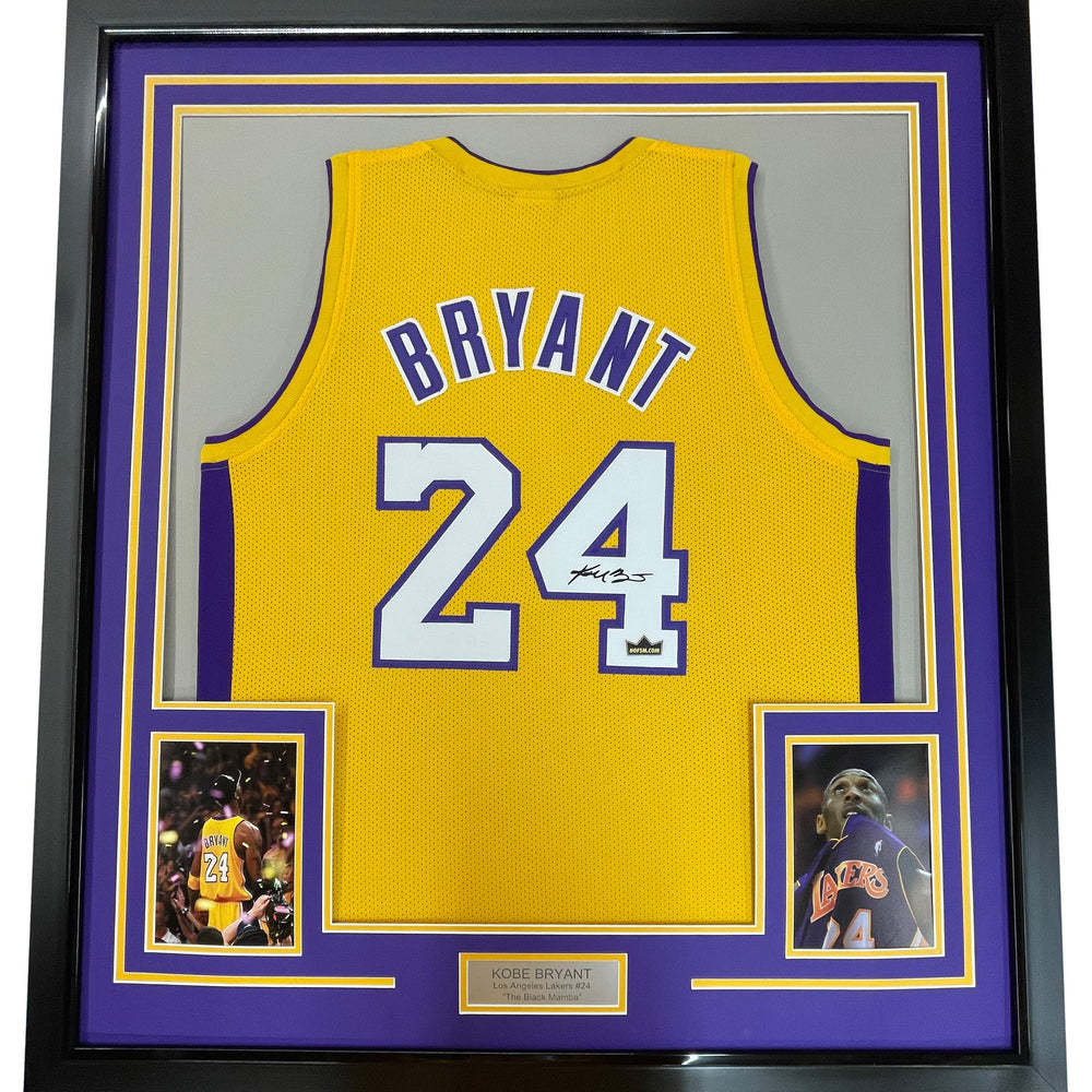 Framed Facsimile Autographed Kobe Bryant #24 35x39 Los Angeles LA Yellow Reprint Laser Auto Basketball Jersey (ONLINE ORDER ONLY)