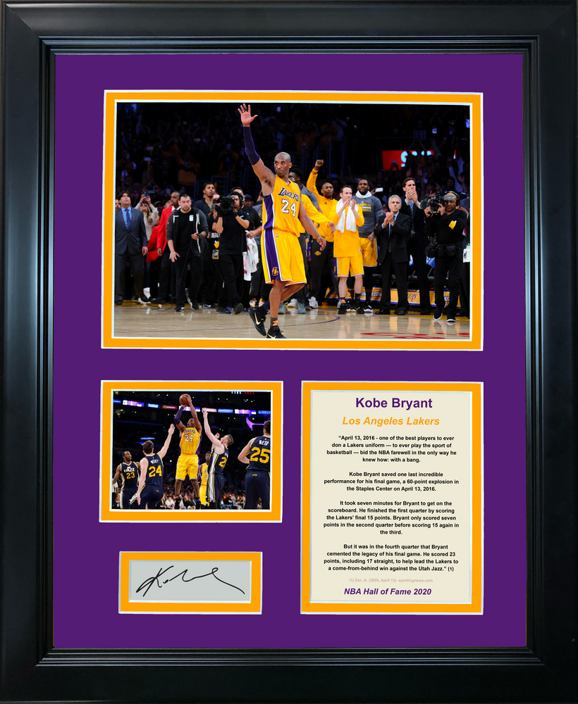 Framed Kobe Bryant 60 Point Final Game Facsimile Laser Engraved Signature Auto Los Angeles Lakers Basketball 11"x14" Photo Sig Collage (ONLINE ORDER ONLY)