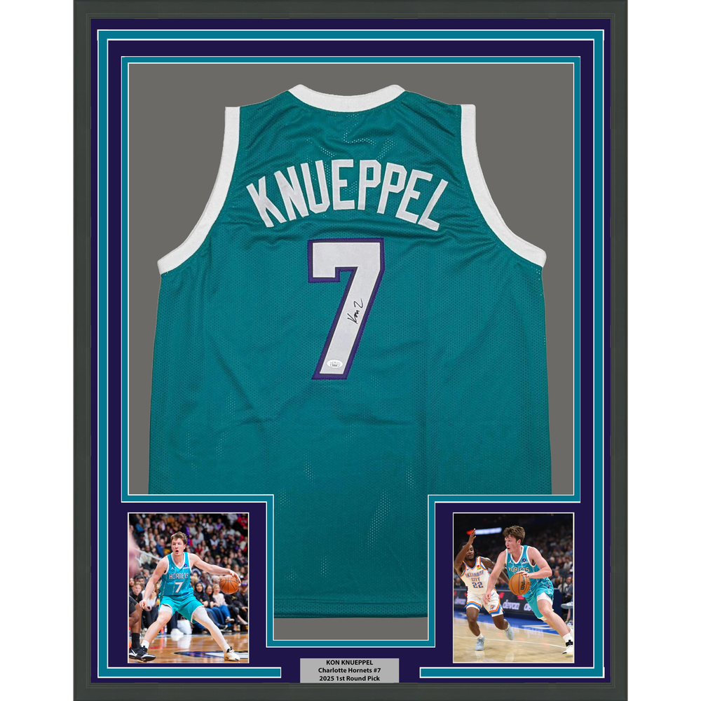 Framed Autographed/Signed Kon Knueppel 35x39 Charlotte Teal Basketball Jersey JSA COA