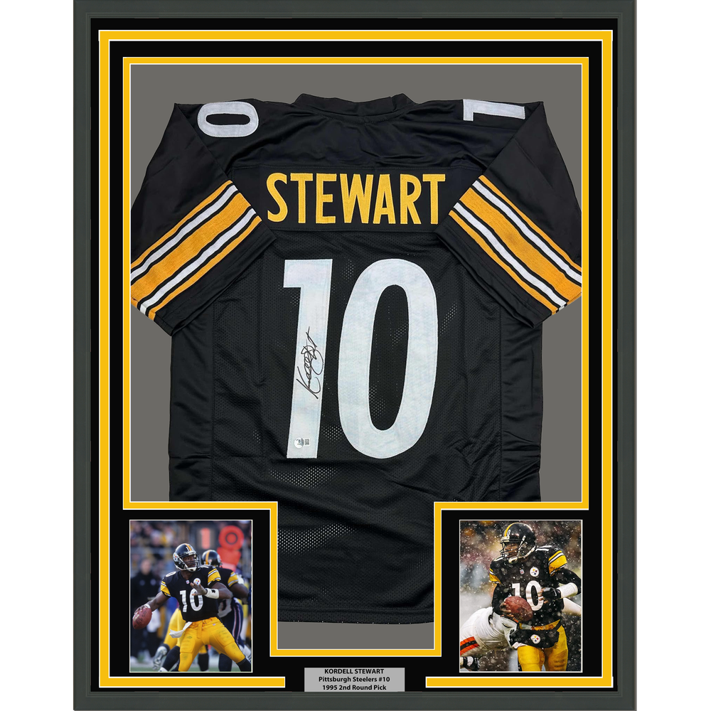 Framed Autographed/Signed Kordell Stewart 35x39 Pittsburgh Black Football Jersey Beckett BAS COA