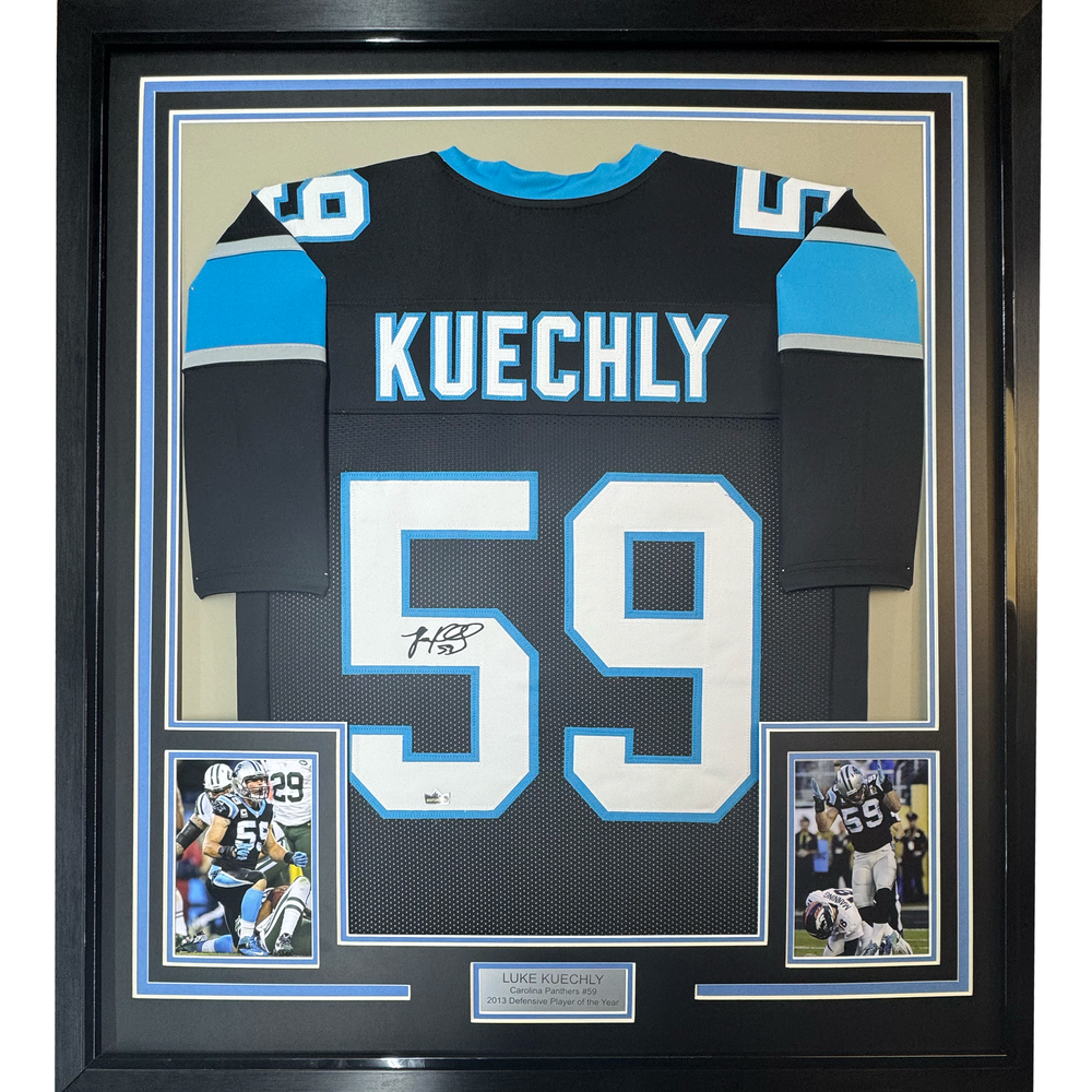 Framed Facsimile Autographed Luke Kuechly 35x39 Carolina Black Reprint Laser Auto Football Jersey (ONLINE ORDER ONLY)