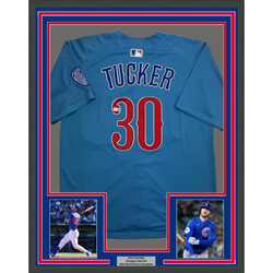 Framed Autographed/Signed Kyle Tucker 35x39 Chicago Blue Baseball Jersey Beckett BAS COA