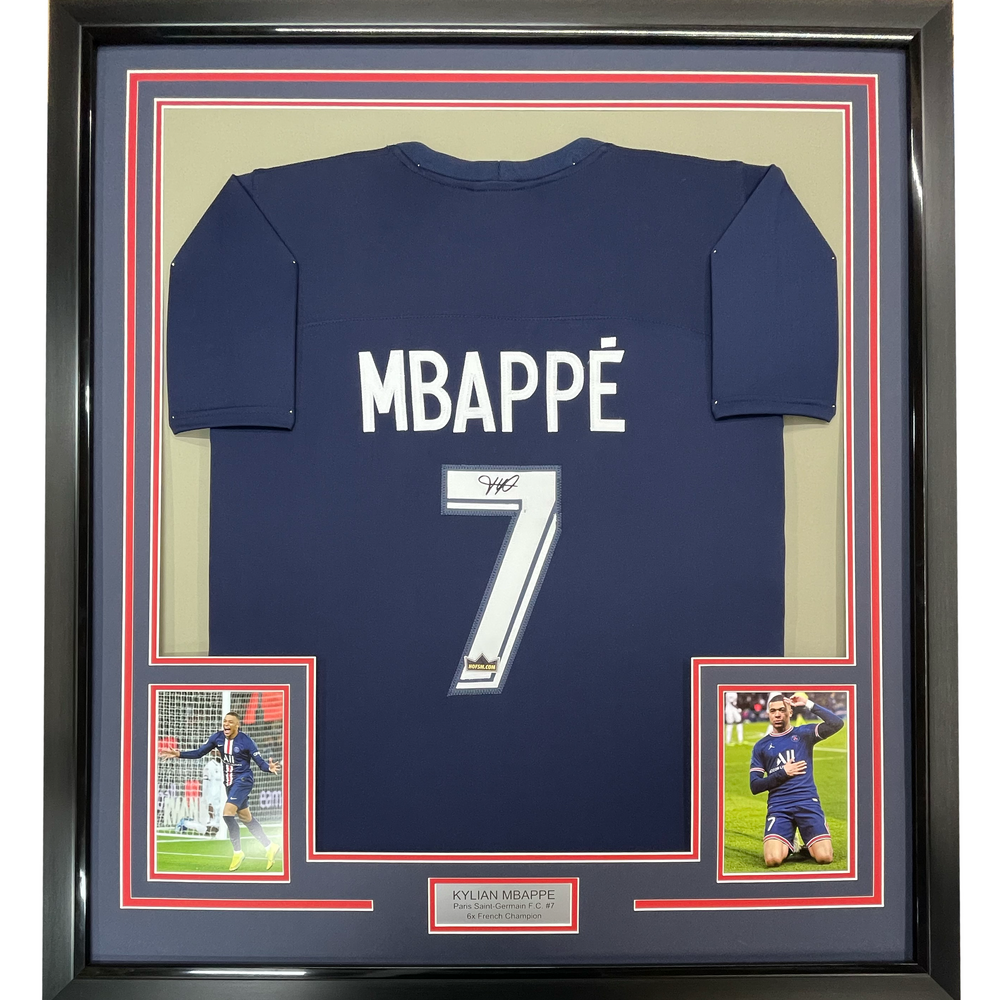 Framed Facsimile Autographed Kylian Mbappe 35x39 PSG Blue Reprint Laser Auto Soccer Jersey (ONLINE ORDER ONLY)