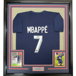Framed Facsimile Autographed Kylian Mbappe 35x39 PSG Blue Reprint Laser Auto Soccer Jersey (ONLINE ORDER ONLY)