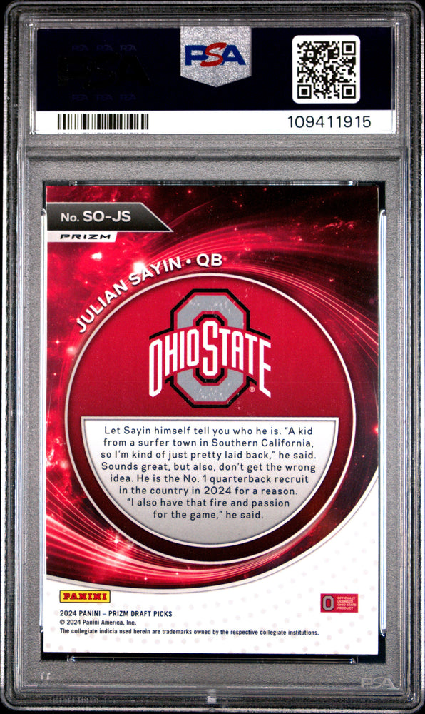 Graded 2024 Panini Prizm Draft Picks Julian Sayin #SOJS Student Orientation Red Ice Rookie RC Football Card PSA 10 Gem Mint (ONLINE ORDER ONLY)