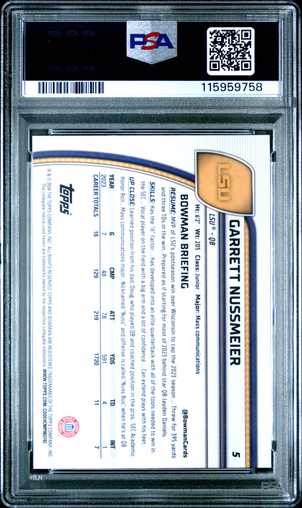 Graded 2024 Topps Bowman U Sapphire Garrett Nussmeier #5 Rookie RC Football Card PSA 10 Gem Mint (ONLINE ORDER ONLY)