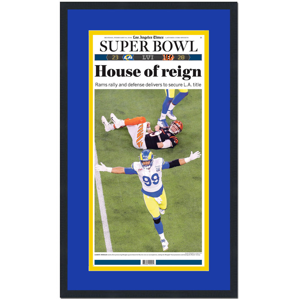 Framed Los Angeles Times LA Rams House of Reign Super Bowl LVI 56 Champions 14x24 Football Newspaper Cover Photo Professionally Matted V2 (ONLINE ORDER ONLY)