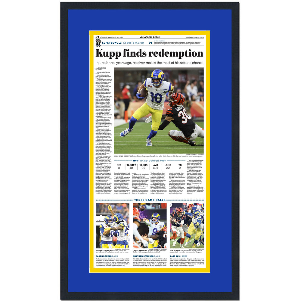 Framed Los Angeles Times Kupp Finds Redemption LA Rams Super Bowl LVI 56 Champions 14x24 Football Newspaper Cover Photo Professionally Matted V4 (ONLINE ORDER ONLY)