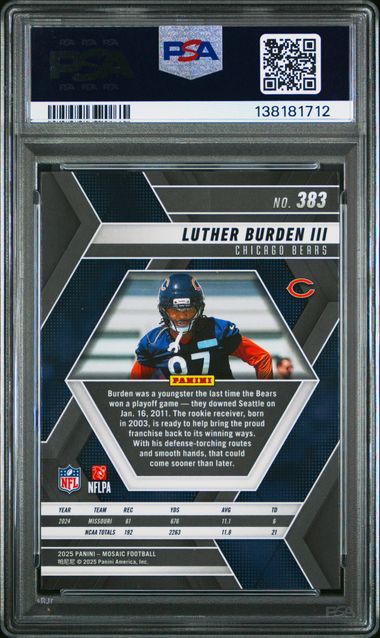 Graded 2025 Panini Mosaic Luther Burden III #383 Rookie RC Football Card PSA 10 Gem Mint (ONLINE ORDER ONLY)
