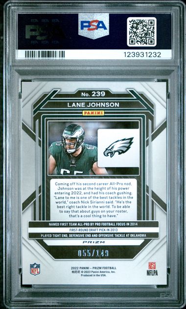 Graded 2022 Panini Prizm Lane Johnson #239 /149 Red Wave Philadelphia Eagles Football Card PSA 10 Gem Mint (ONLINE ORDER ONLY)