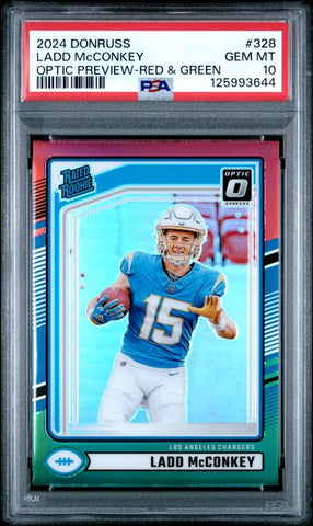 Graded 2024 Panini Donruss Ladd McConkey #328 Optic Preview Red & Green Rookie RC Football Card PSA 10 Gem Mint (ONLINE ORDER ONLY)