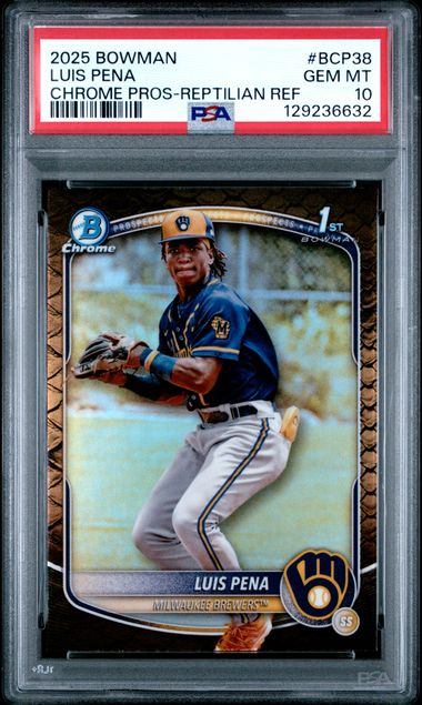 Graded 2025 Topps Bowman Reptilian Refractor Luis Pena #BCP38 Chrome Prospects Rookie RC Baseball Card PSA 10 Gem Mint (ONLINE ORDER ONLY)
