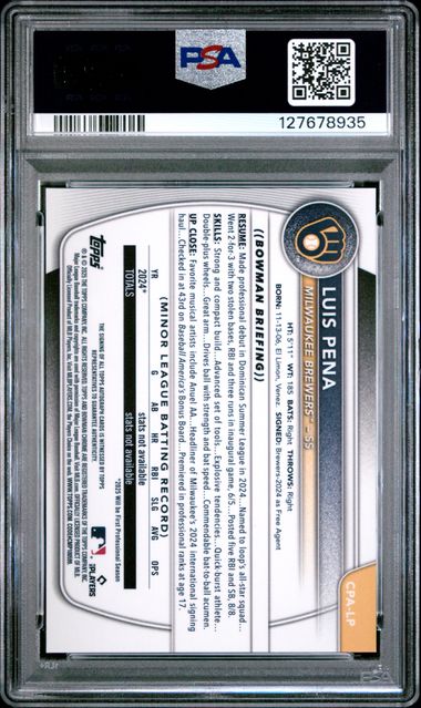Graded 2025 Topps Bowman Luis Pena #CPALP Chrome Prospects Autograph Rookie RC Baseball Card PSA 9 Mint (ONLINE ORDER ONLY)