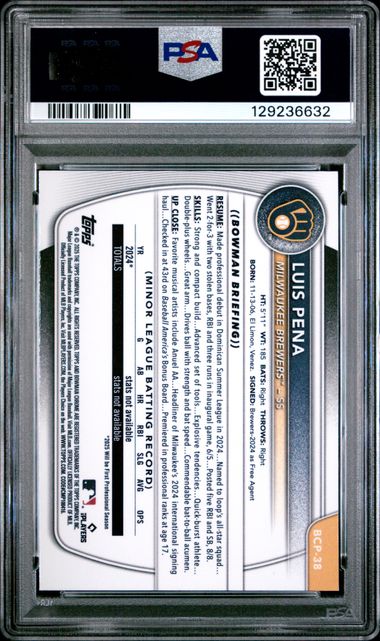 Graded 2025 Topps Bowman Reptilian Refractor Luis Pena #BCP38 Chrome Prospects Rookie RC Baseball Card PSA 10 Gem Mint (ONLINE ORDER ONLY)