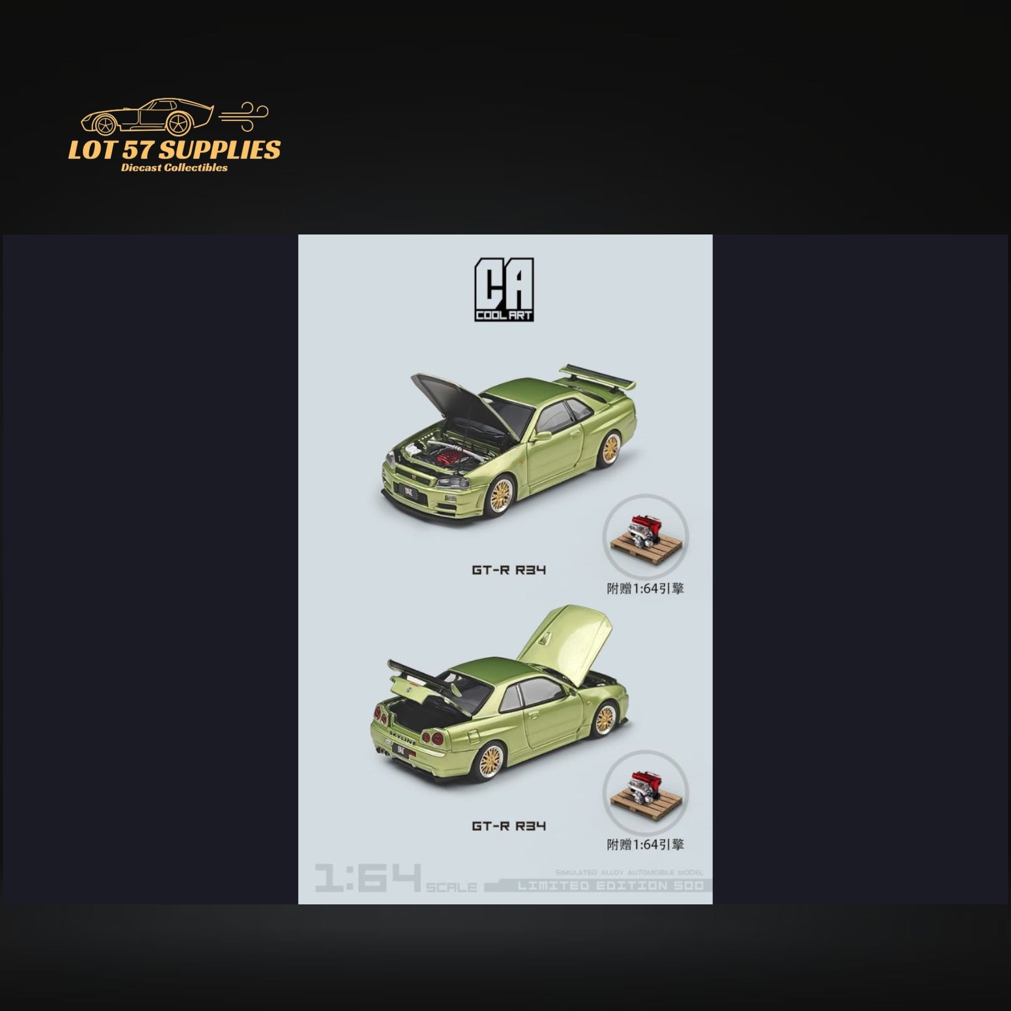 Cool ART Nissan Skyline GT-R R34 JADE GREEN With Openable Hood-Trunk & Display Engine 1:64 (ONLINE ORDER ONLY)